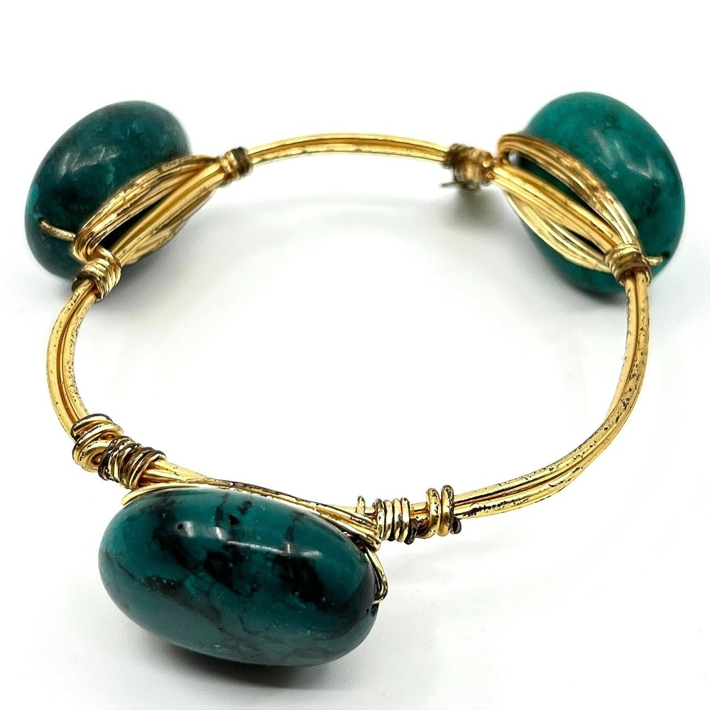 Vintage Ella Jule Gold Wire Wrapped Teal Turquoise Cabochon Bangle‎ Bracelet Y2K